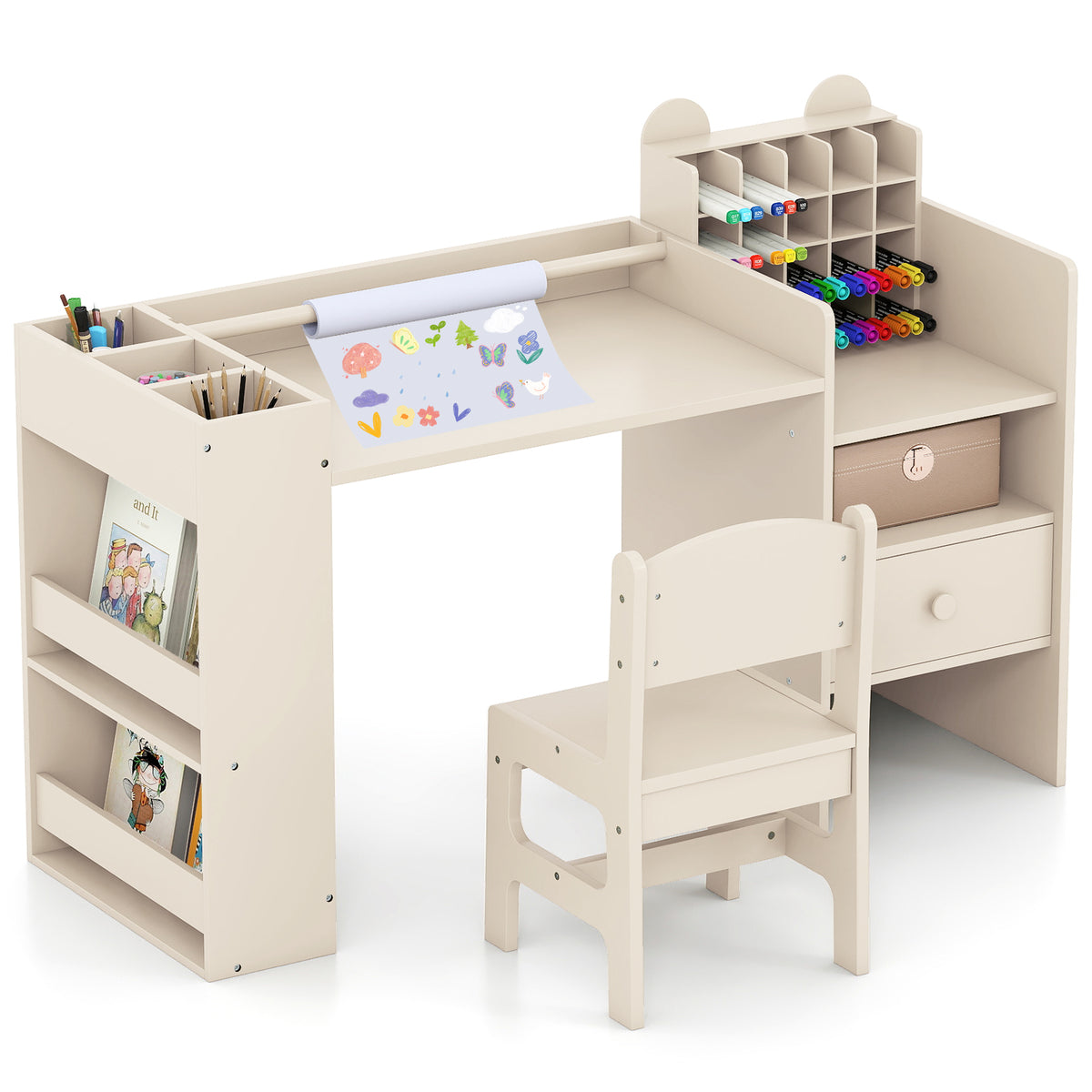 Kids Art Table and Chair Set with Detachable Paper Roll Holder and Cabinet-Natural-Kids Tables & Chair Sets-DECOROLALA