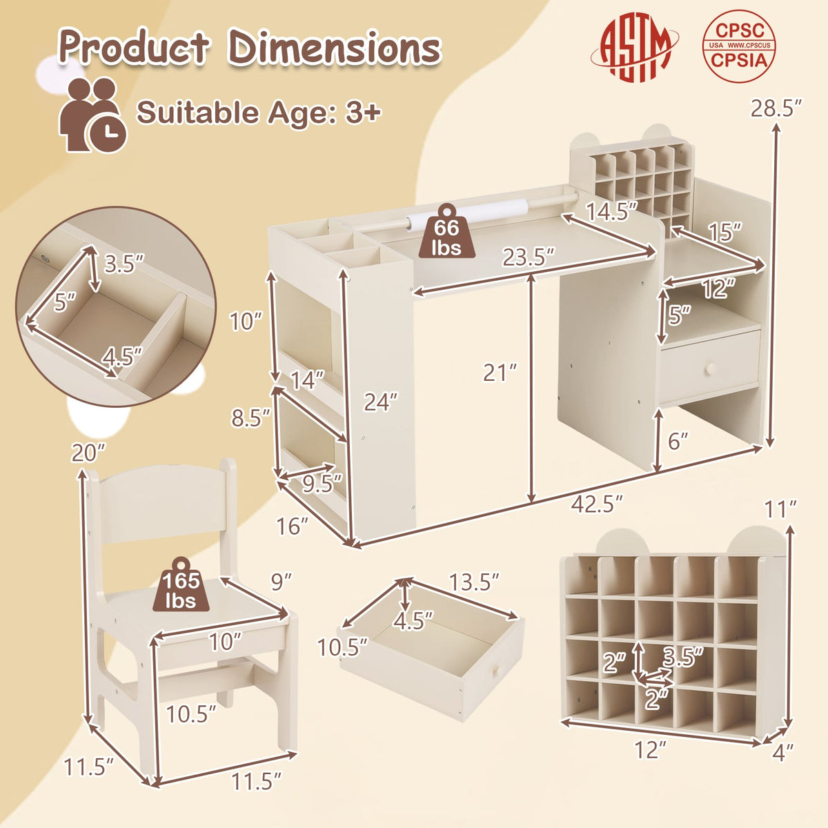 Kids Art Table and Chair Set with Detachable Paper Roll Holder and Cabinet-Natural-Kids Tables & Chair Sets-DECOROLALA