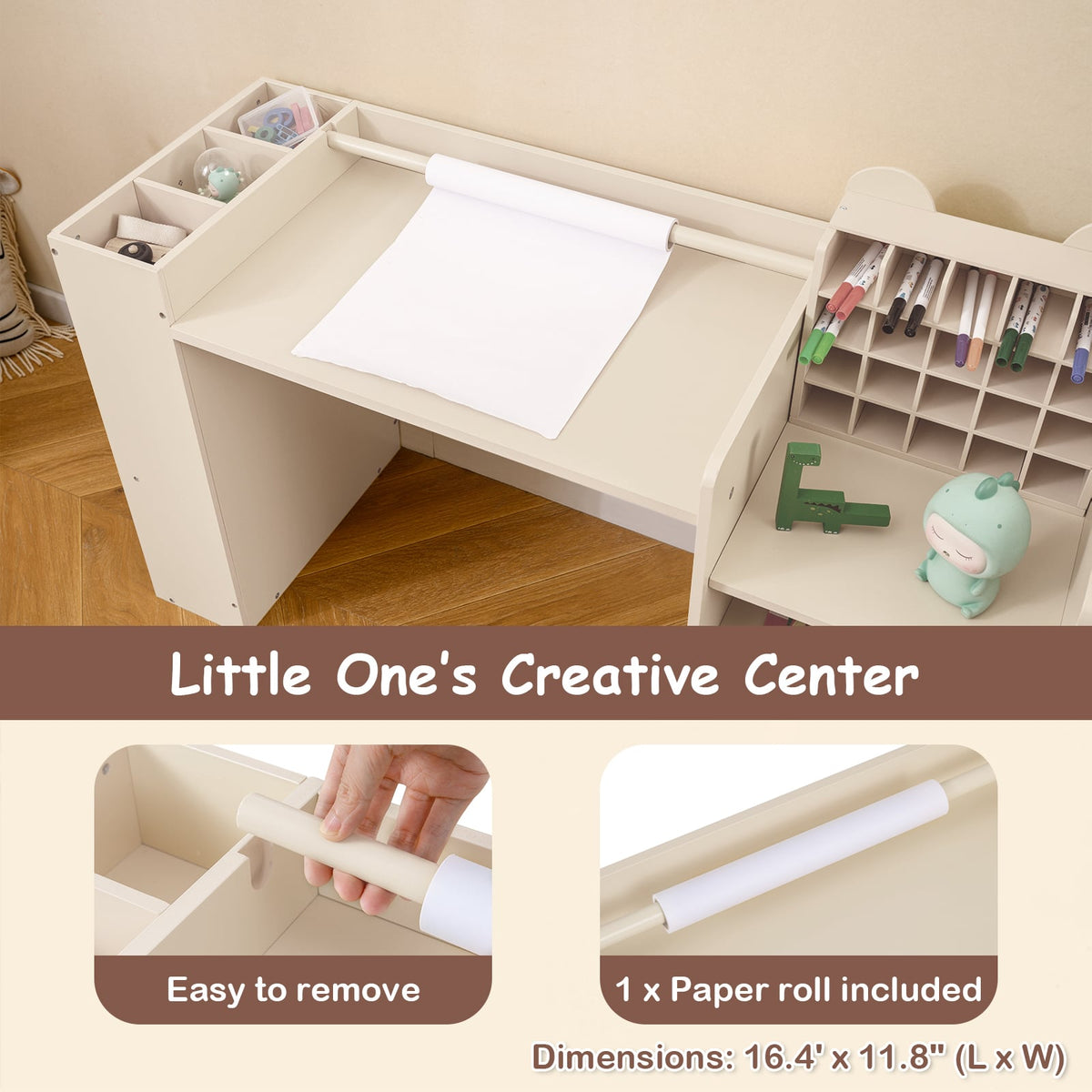 Kids Art Table and Chair Set with Detachable Paper Roll Holder and Cabinet-Natural-Kids Tables & Chair Sets-DECOROLALA