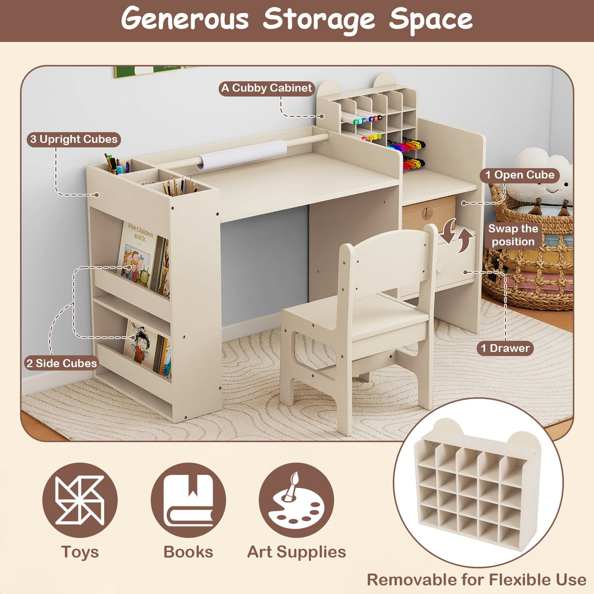 Kids Art Table and Chair Set with Detachable Paper Roll Holder and Cabinet-Natural-Kids Tables & Chair Sets-DECOROLALA