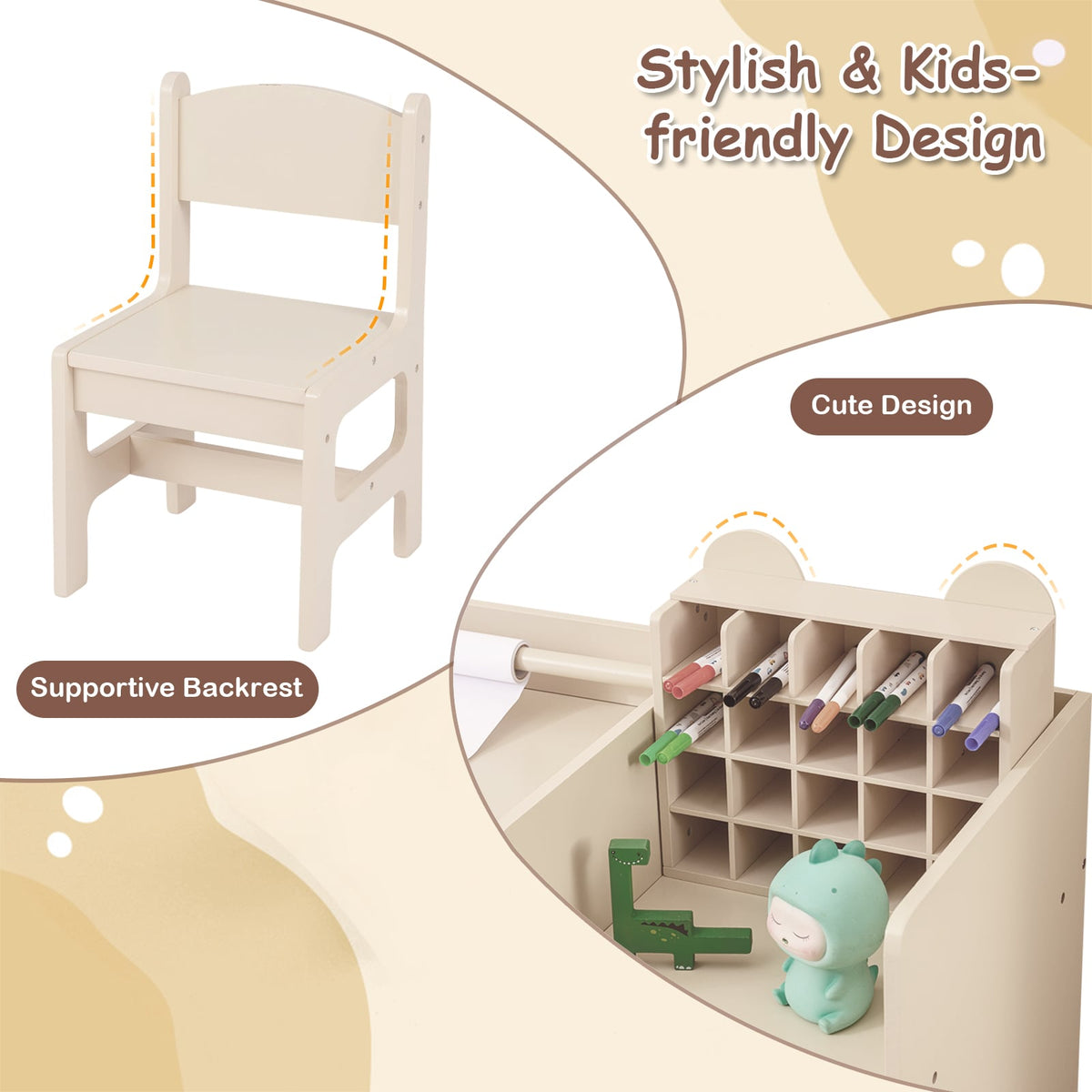 Kids Art Table and Chair Set with Detachable Paper Roll Holder and Cabinet-Natural-Kids Tables & Chair Sets-DECOROLALA