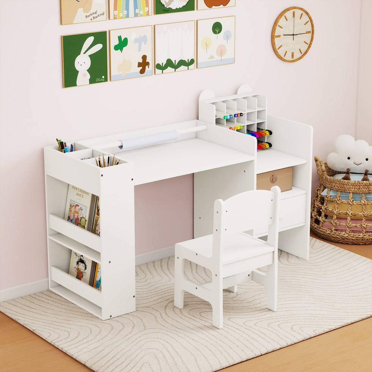 Kids Art Table and Chair Set with Detachable Paper Roll Holder and Cabinet-White-Kids Tables & Chair Sets-DECOROLALA