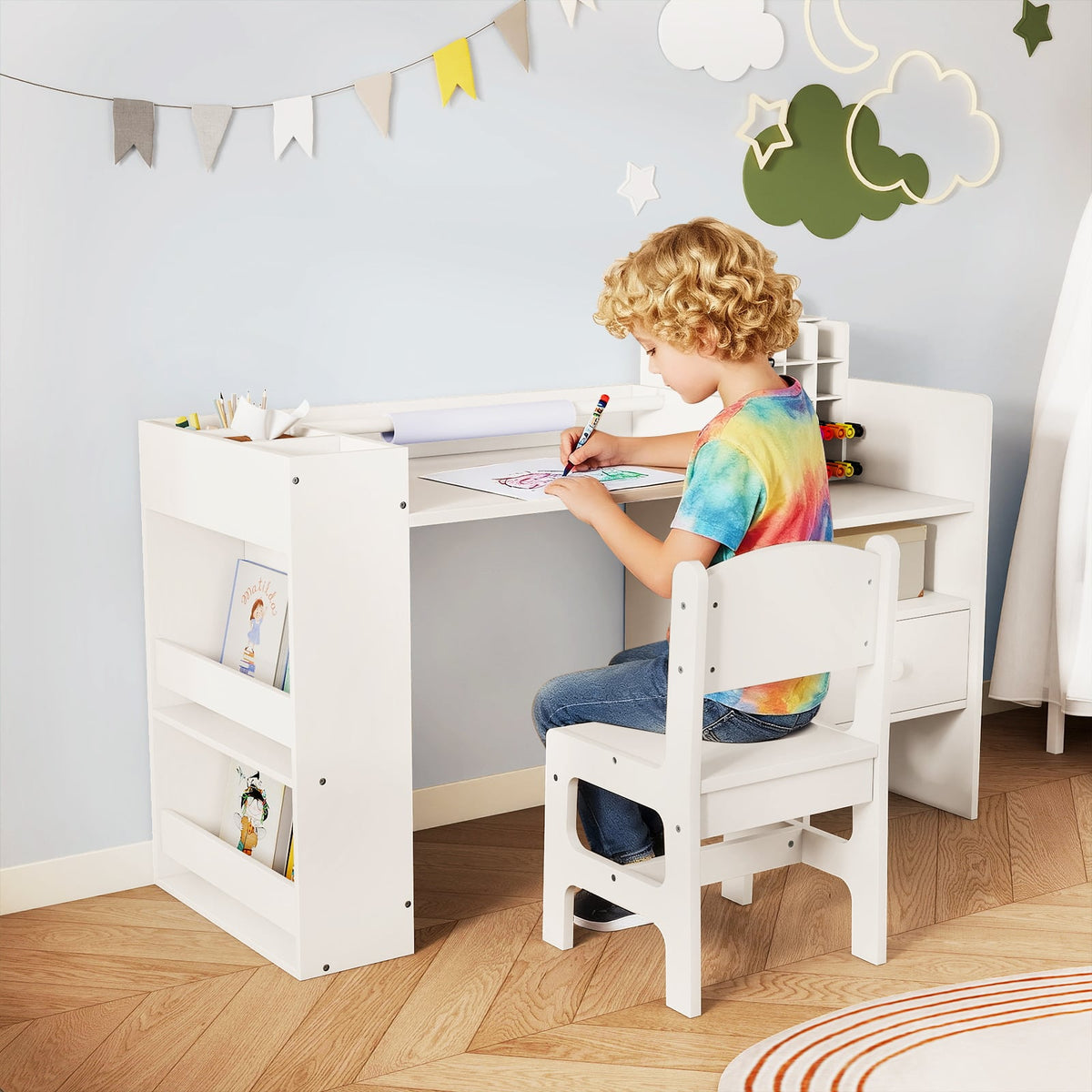 Kids Art Table and Chair Set with Detachable Paper Roll Holder and Cabinet-White-Kids Tables & Chair Sets-DECOROLALA
