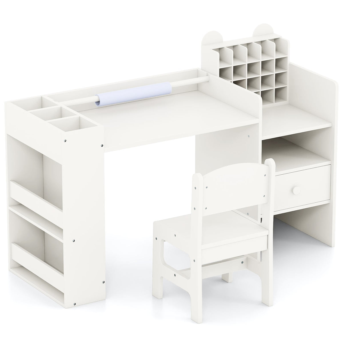Kids Art Table and Chair Set with Detachable Paper Roll Holder and Cabinet-White-Kids Tables & Chair Sets-DECOROLALA