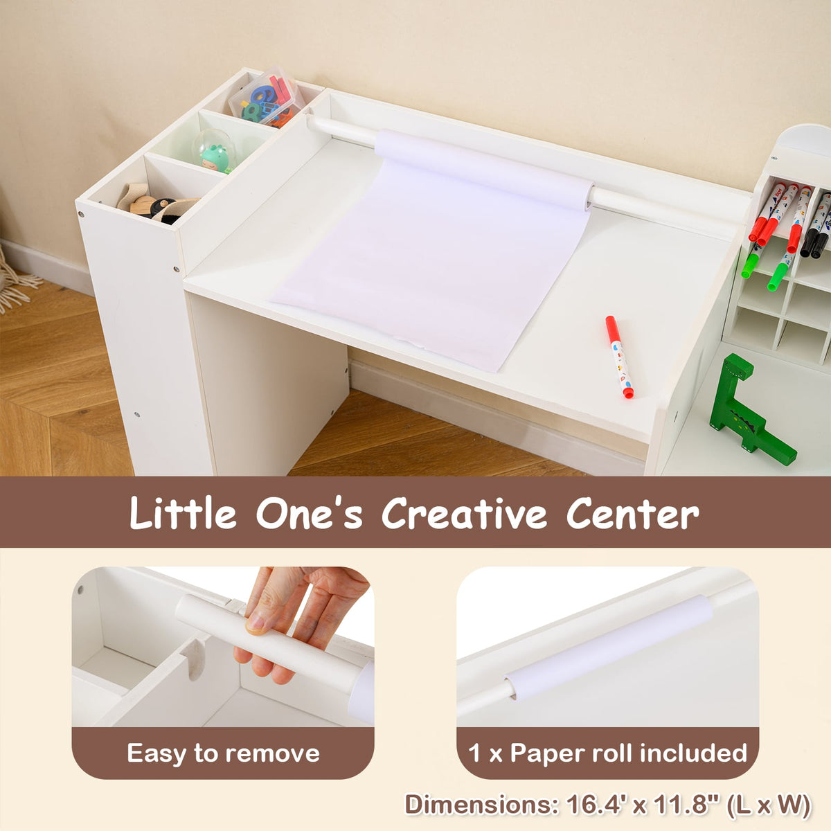 Kids Art Table and Chair Set with Detachable Paper Roll Holder and Cabinet-White-Kids Tables & Chair Sets-DECOROLALA