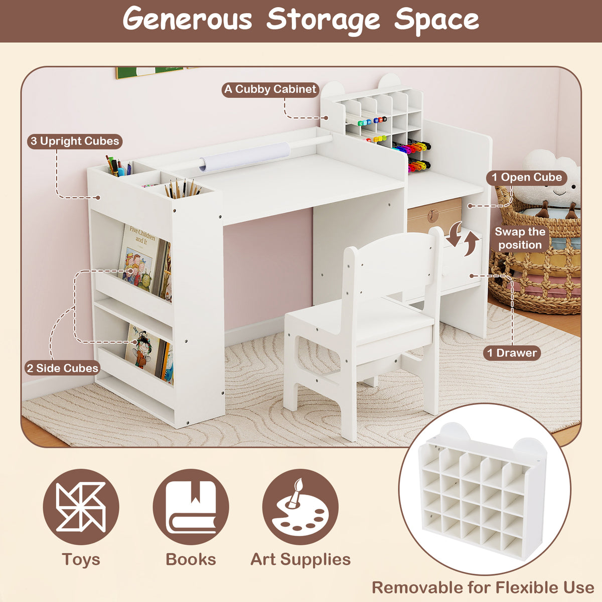 Kids Art Table and Chair Set with Detachable Paper Roll Holder and Cabinet-White-Kids Tables & Chair Sets-DECOROLALA