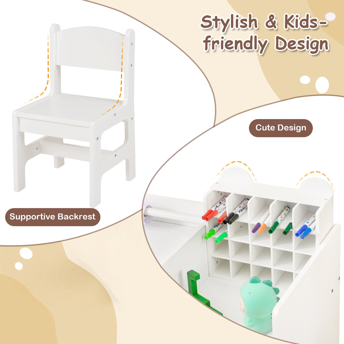 Kids Art Table and Chair Set with Detachable Paper Roll Holder and Cabinet-White-Kids Tables & Chair Sets-DECOROLALA