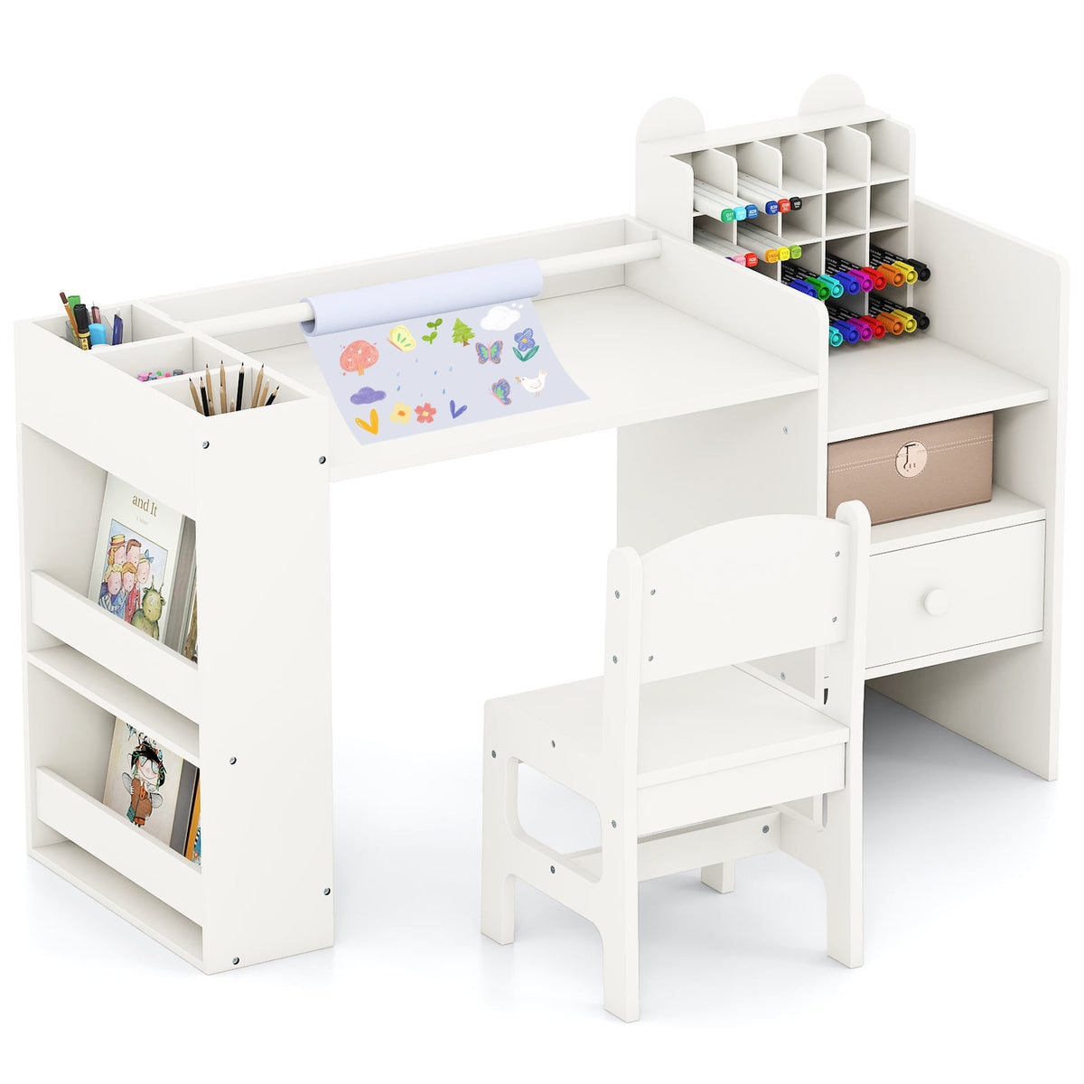 Kids Art Table and Chair Set with Detachable Paper Roll Holder and Cabinet-White-Kids Tables & Chair Sets-DECOROLALA