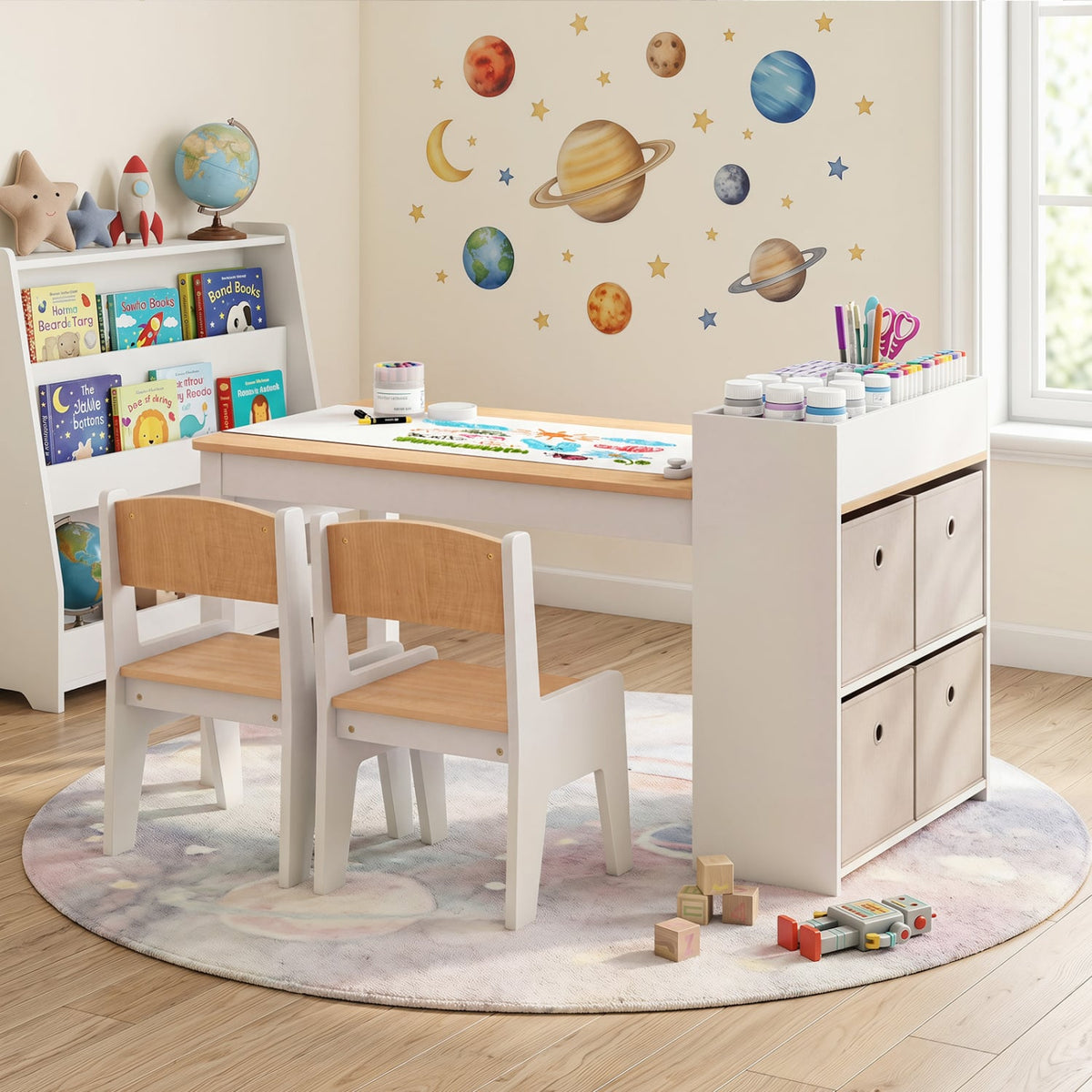 Kids Art Table and Chairs Set with 2 Chairs and Paper Roll-Natural-Kids Tables & Chair Sets-DECOROLALA