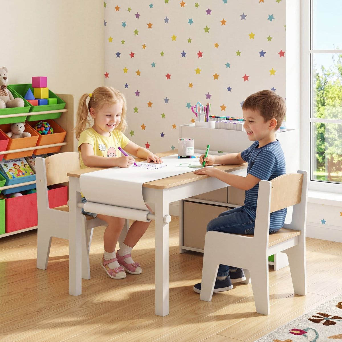 Kids Art Table and Chairs Set with 2 Chairs and Paper Roll-Natural-Kids Tables & Chair Sets-DECOROLALA