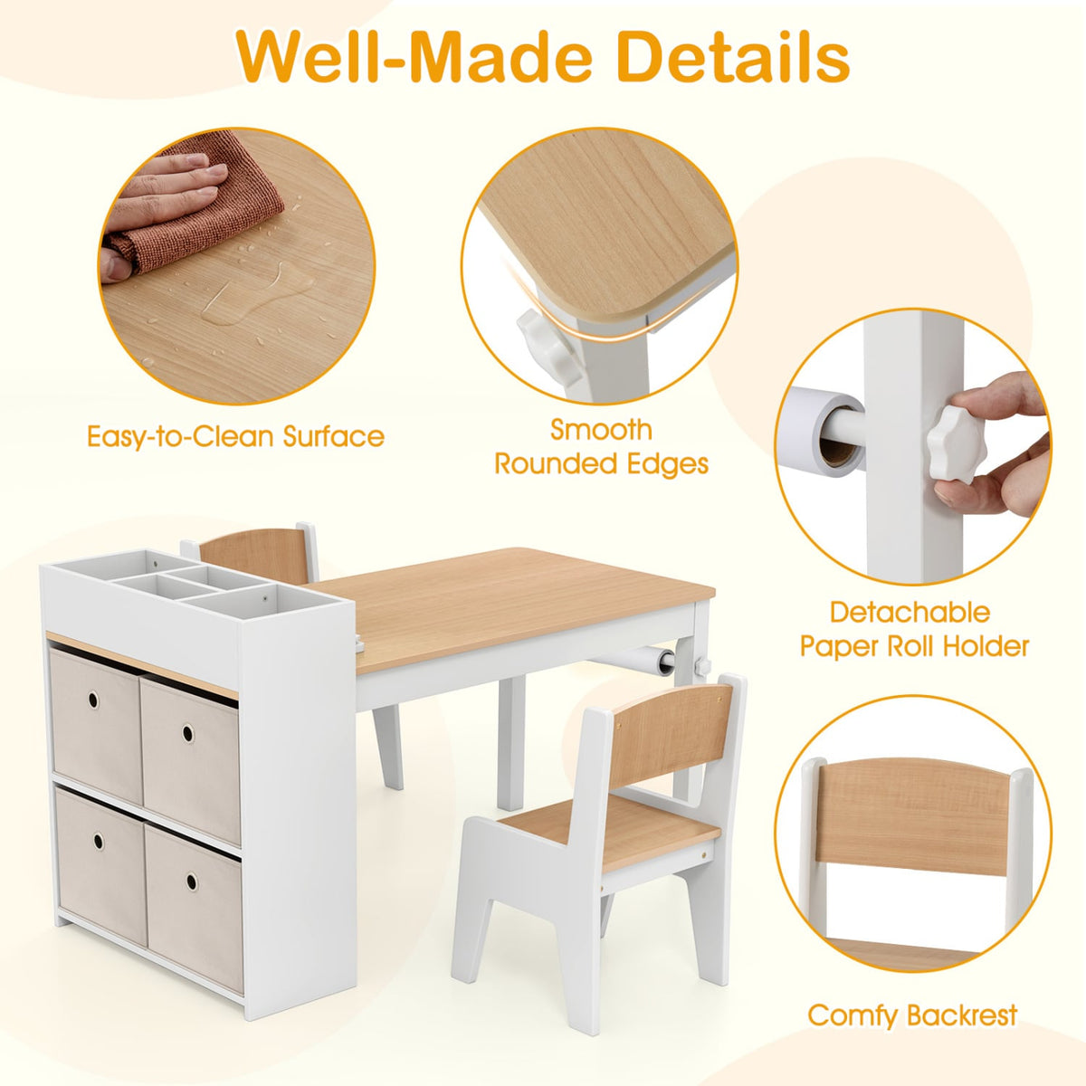 Kids Art Table and Chairs Set with 2 Chairs and Paper Roll-Natural-Kids Tables & Chair Sets-DECOROLALA