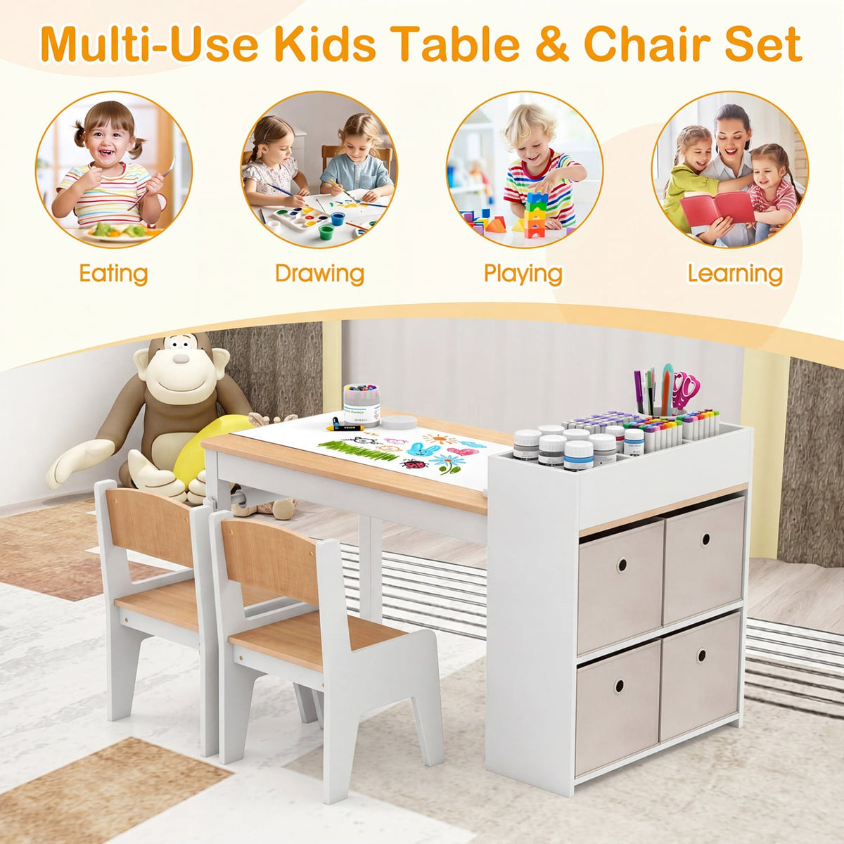 Kids Art Table and Chairs Set with 2 Chairs and Paper Roll-Natural-Kids Tables & Chair Sets-DECOROLALA