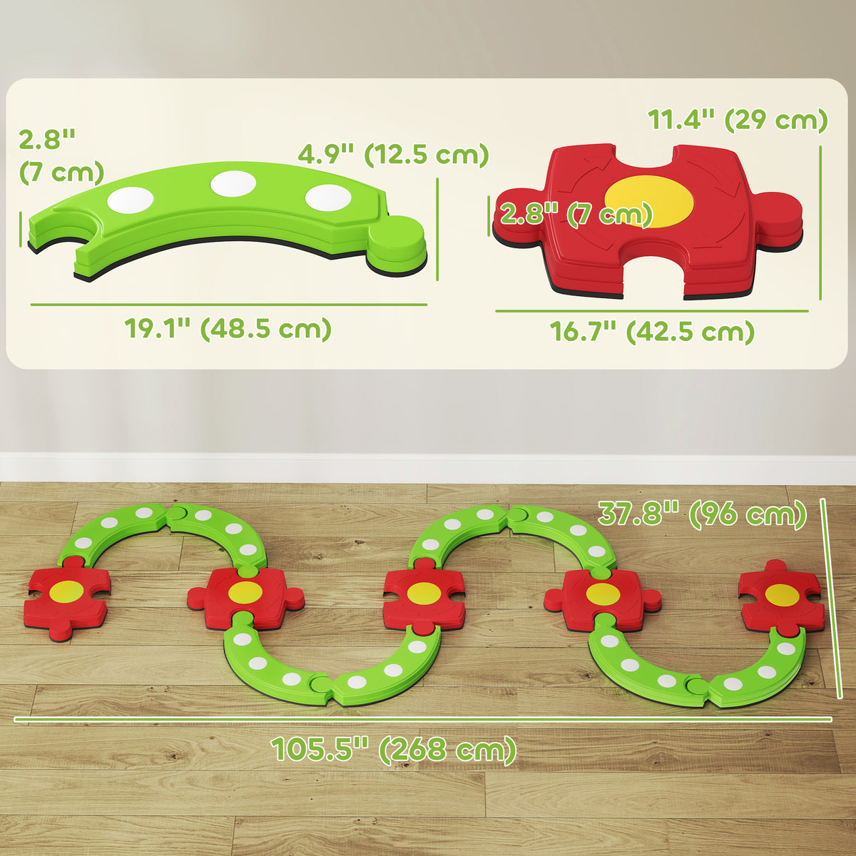 Kids Balance Beam Stepping Stones with Non-slip Surface for Kids 3-8, Build Coordination and Gross Motor Skills, Green-Toys & Games > Baby & Toddler Toys > Kids Gym & Playmats-DECOROLALA