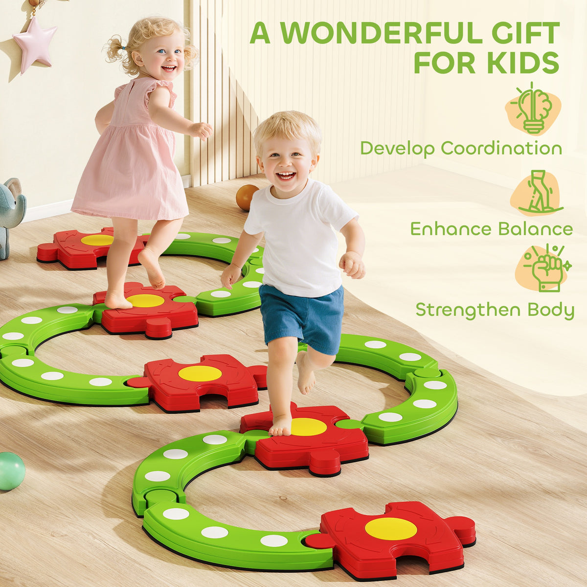 Kids Balance Beam Stepping Stones with Non-slip Surface for Kids 3-8, Build Coordination and Gross Motor Skills, Green-Toys & Games > Baby & Toddler Toys > Kids Gym & Playmats-DECOROLALA