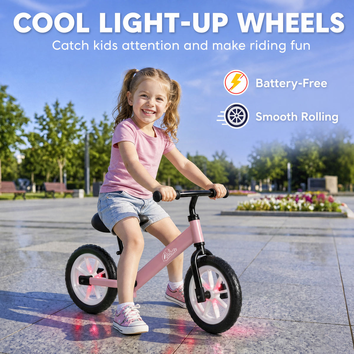 Balance Bike, Baby Bike with Lighting Wheels, Adjustable Seat and Handlebar, Steering for 2-5 Years Old, Pink-Toys & Games > Baby & Toddler Toys > Riding & Rocking Toys-DECOROLALA