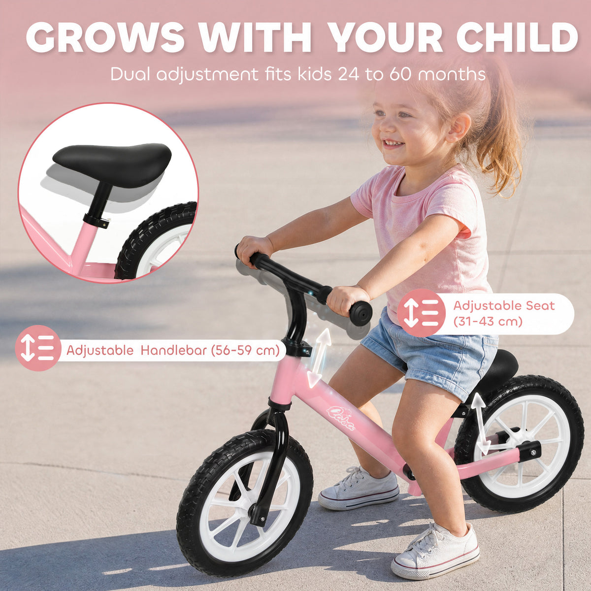 Balance Bike, Baby Bike with Lighting Wheels, Adjustable Seat and Handlebar, Steering for 2-5 Years Old, Pink-Toys & Games > Baby & Toddler Toys > Riding & Rocking Toys-DECOROLALA