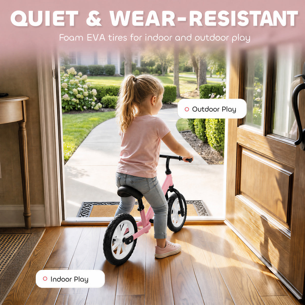 Balance Bike, Baby Bike with Lighting Wheels, Adjustable Seat and Handlebar, Steering for 2-5 Years Old, Pink-Toys & Games > Baby & Toddler Toys > Riding & Rocking Toys-DECOROLALA
