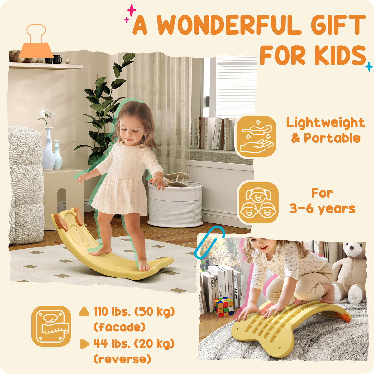 24.4" Kids Balance Board, Wobble Board Toddler Curved Rocker, Preschool Balance & Sensory Play Toy, Ages 3-6-Toys & Games > Baby & Toddler Toys > Kids Gym & Playmats-DECOROLALA