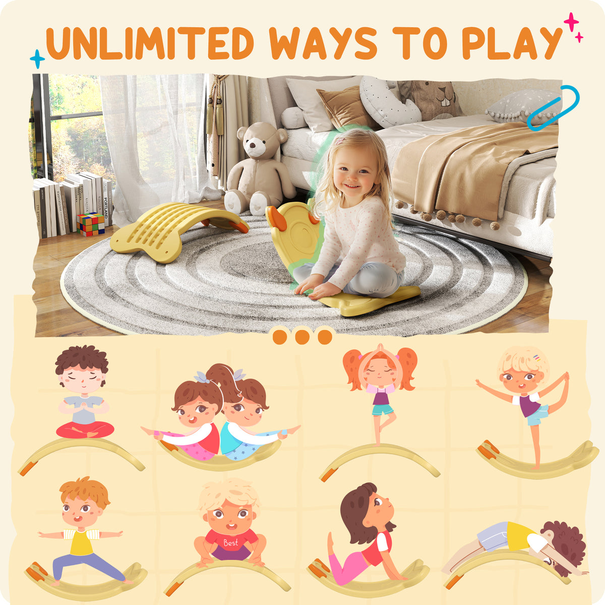 24.4" Kids Balance Board, Wobble Board Toddler Curved Rocker, Preschool Balance & Sensory Play Toy, Ages 3-6-Toys & Games > Baby & Toddler Toys > Kids Gym & Playmats-DECOROLALA