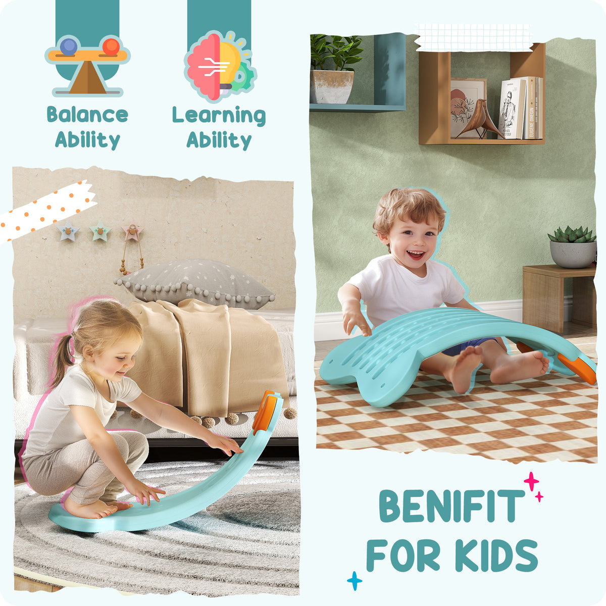 24.4" Kids Balance Board, Wobble Board Toddler Curved Rocker, Preschool Balance & Sensory Play Toy, Ages 3-6-Toys & Games > Baby & Toddler Toys > Kids Gym & Playmats-DECOROLALA