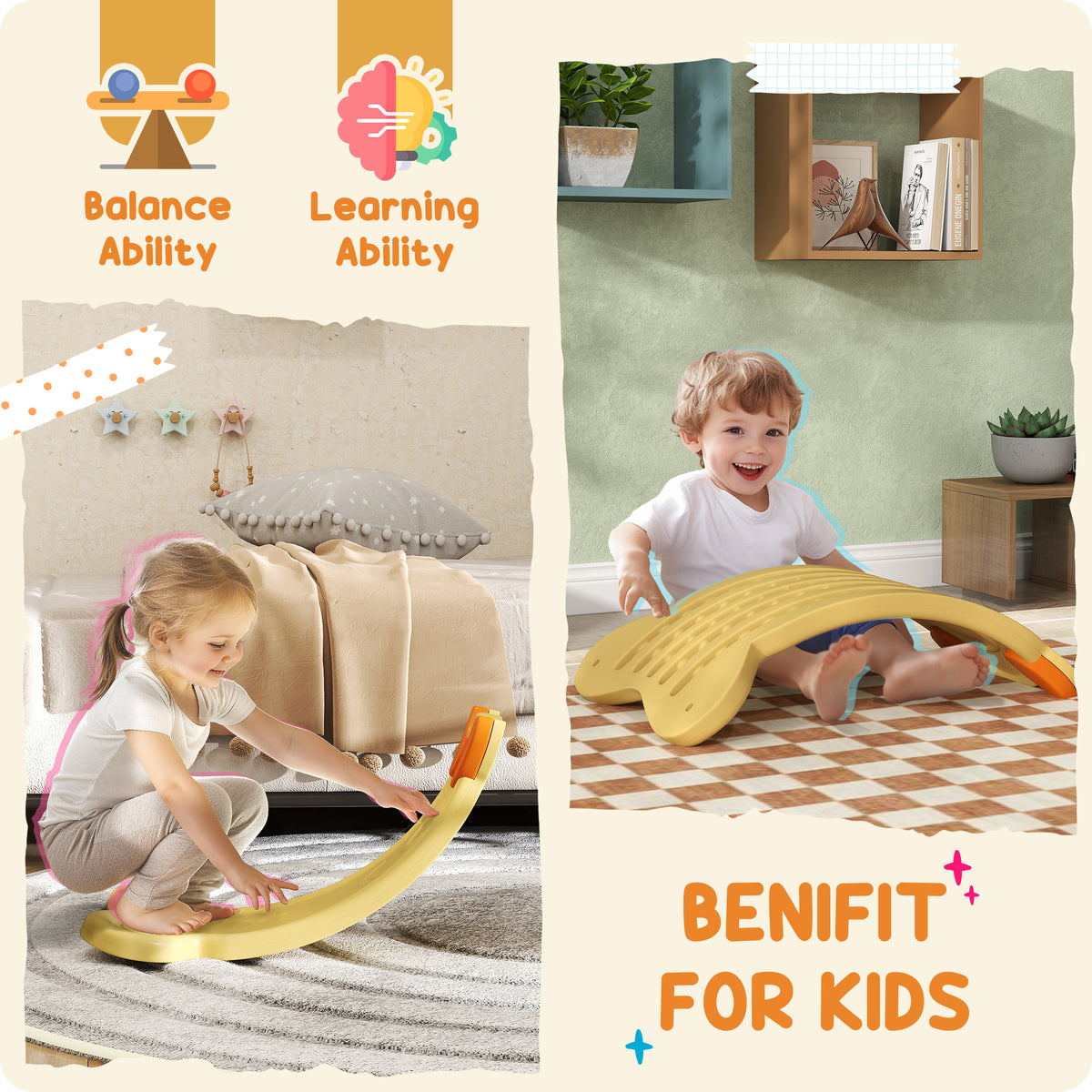 24.4" Kids Balance Board, Wobble Board Toddler Curved Rocker, Preschool Balance & Sensory Play Toy, Ages 3-6-Toys & Games > Baby & Toddler Toys > Kids Gym & Playmats-DECOROLALA