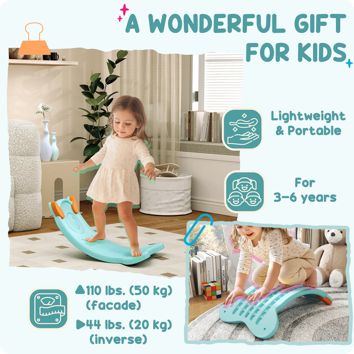 24.4" Kids Balance Board, Wobble Board Toddler Curved Rocker, Preschool Balance & Sensory Play Toy, Ages 3-6-Toys & Games > Baby & Toddler Toys > Kids Gym & Playmats-DECOROLALA
