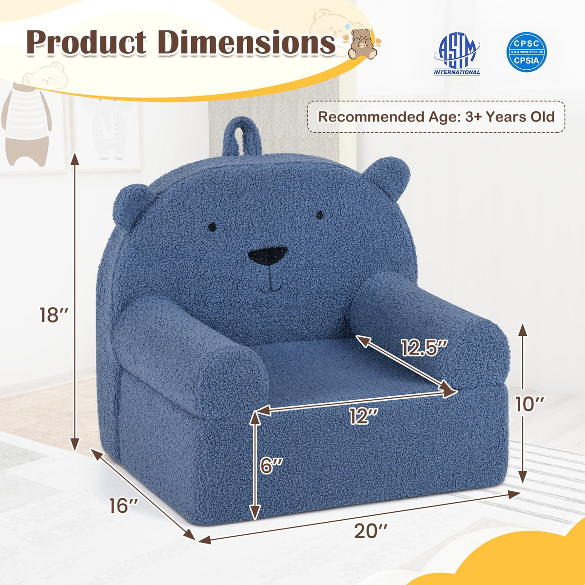 Kids Bear Sofa Toddler Foam Couch with Soft Fleece Fabric Cover-Navy-Kids Chairs-DECOROLALA