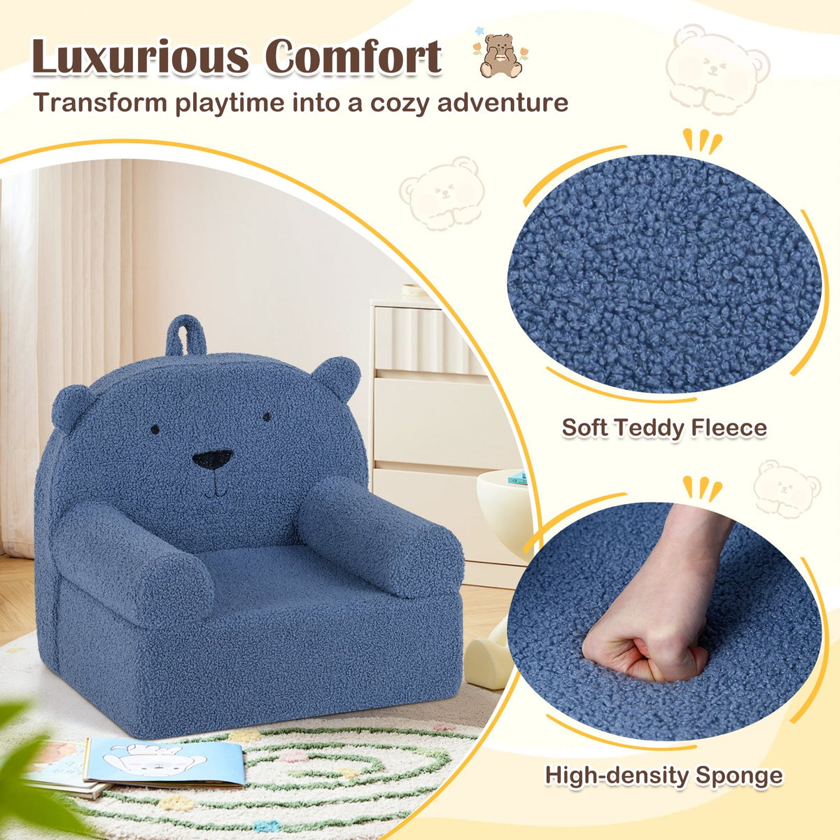 Kids Bear Sofa Toddler Foam Couch with Soft Fleece Fabric Cover-Navy-Kids Chairs-DECOROLALA