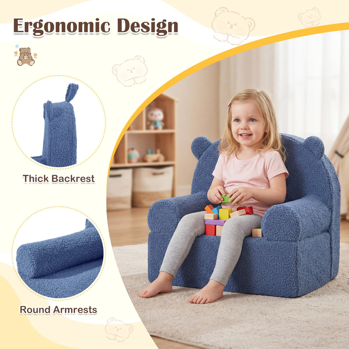 Kids Bear Sofa Toddler Foam Couch with Soft Fleece Fabric Cover-Navy-Kids Chairs-DECOROLALA