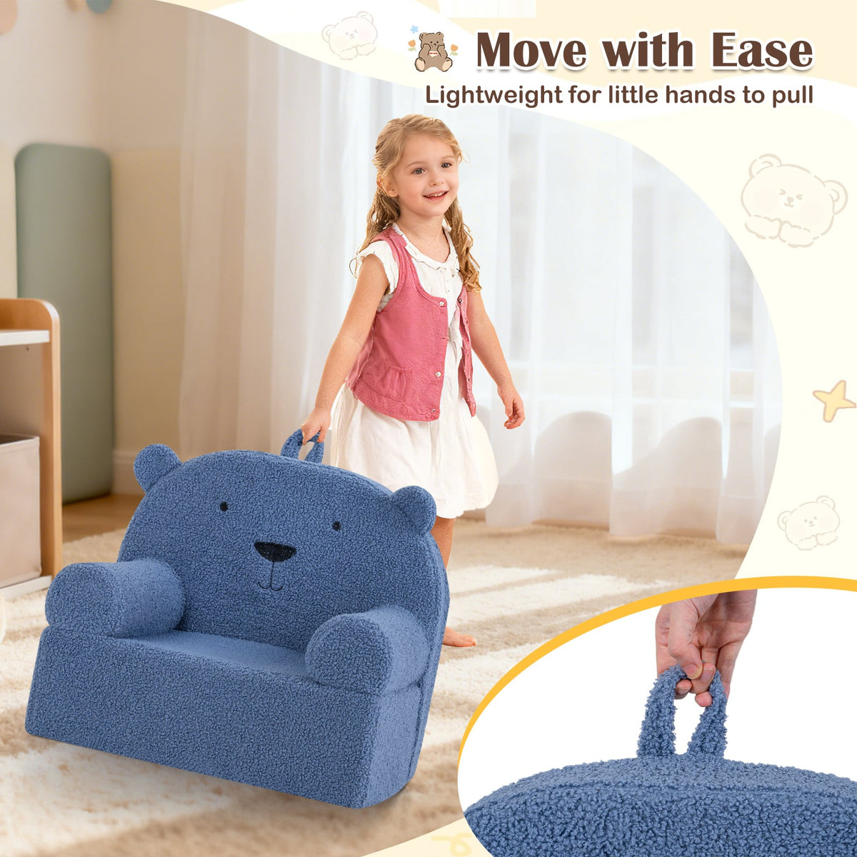 Kids Bear Sofa Toddler Foam Couch with Soft Fleece Fabric Cover-Navy-Kids Chairs-DECOROLALA