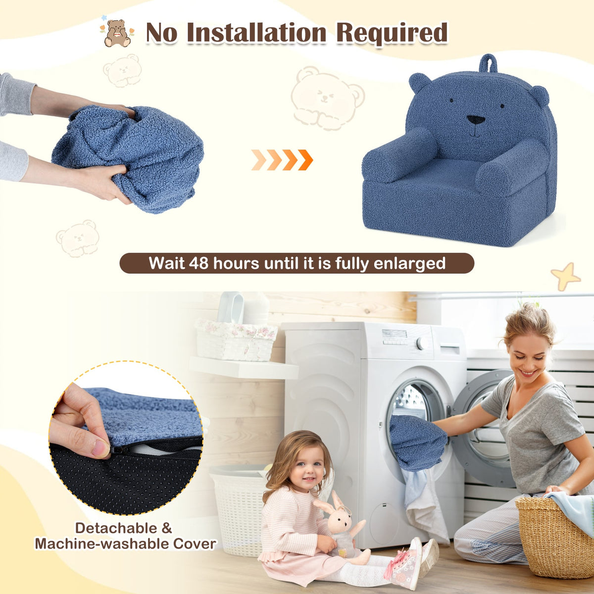 Kids Bear Sofa Toddler Foam Couch with Soft Fleece Fabric Cover-Navy-Kids Chairs-DECOROLALA
