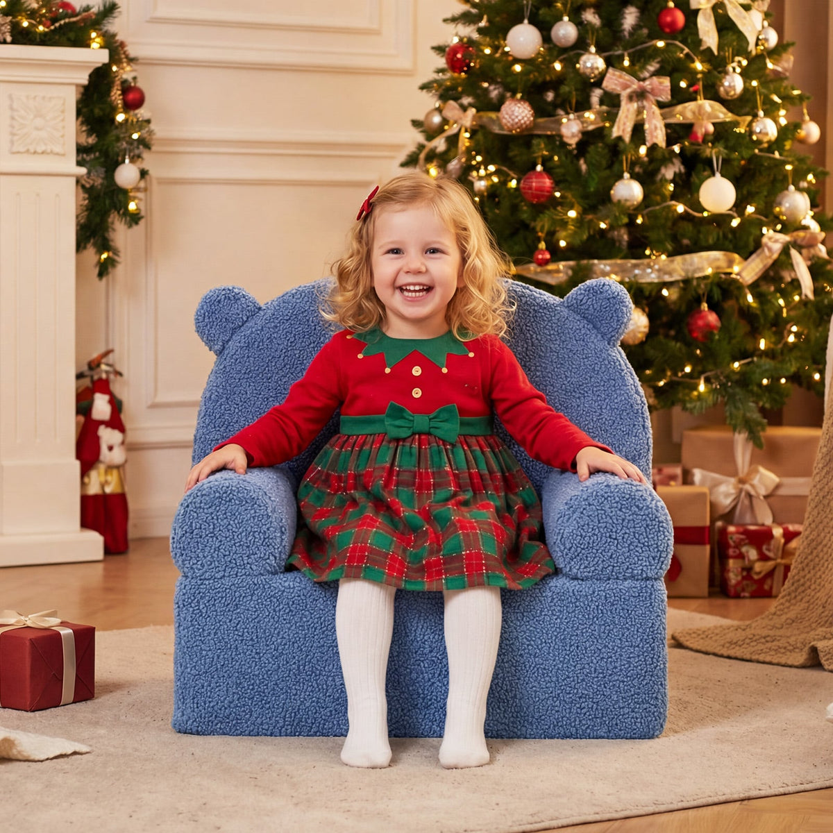 Kids Bear Sofa Toddler Foam Couch with Soft Fleece Fabric Cover-Navy-Kids Chairs-DECOROLALA