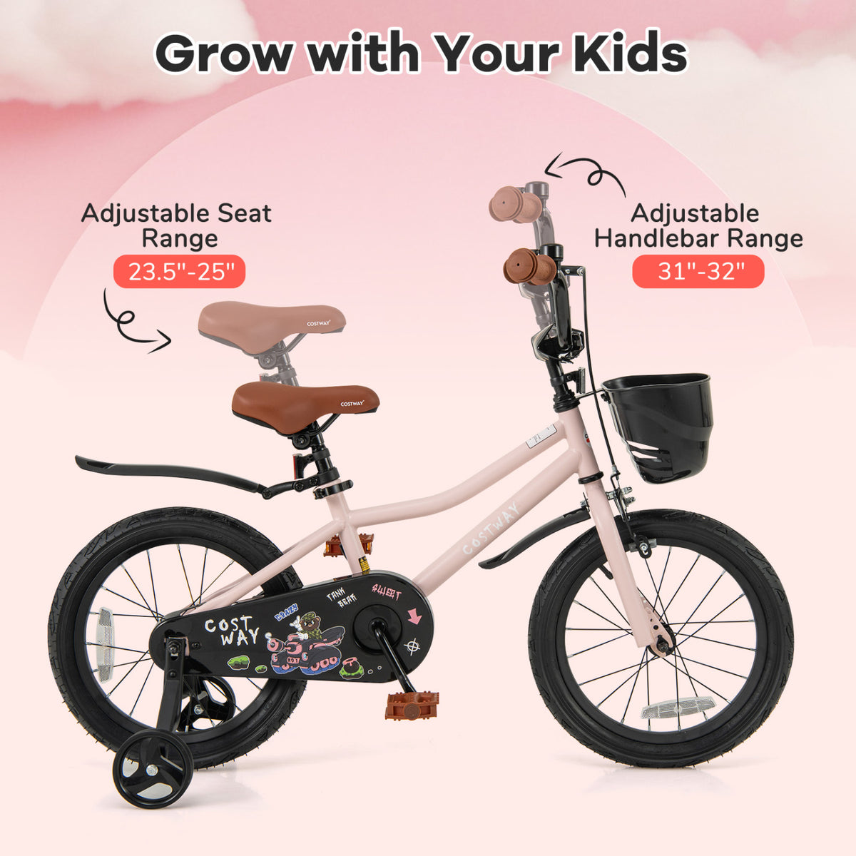 Kids Bike with Basket, Training Wheels and Adjustable Handlebar-Kids Bike-DECOROLALA