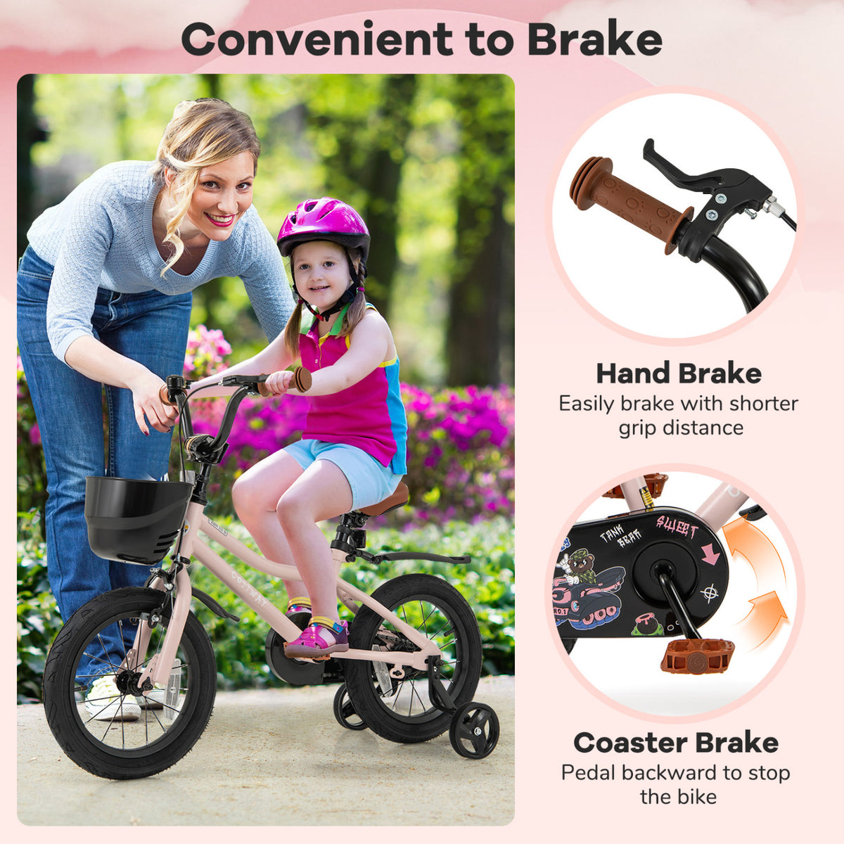 Kids Bike with Basket, Training Wheels and Adjustable Handlebar-Kids Bike-DECOROLALA