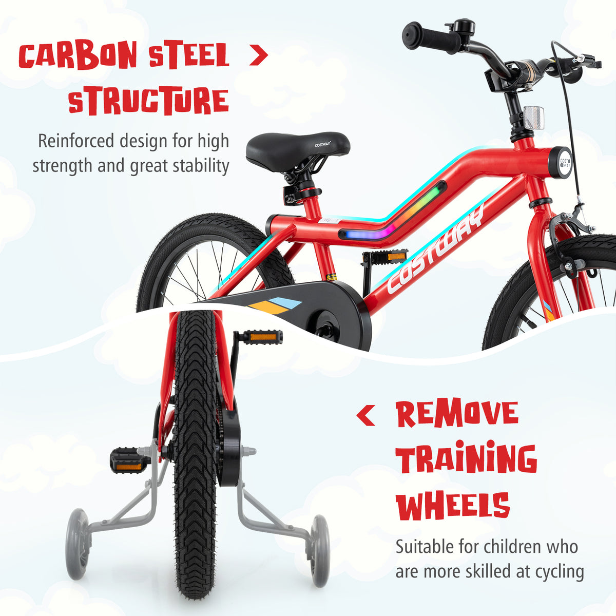 Kids Bike with LED Lights and Training Wheels - Carbon Steel 16"/18"-Kids Bike-DECOROLALA
