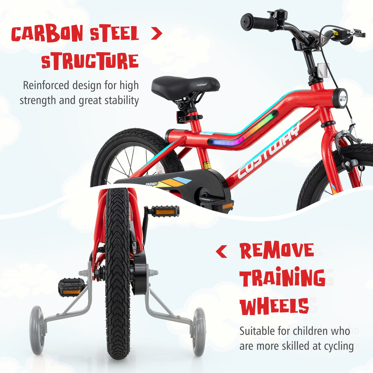 Kids Bike with LED Lights and Training Wheels - Carbon Steel 16"/18"-Kids Bike-DECOROLALA