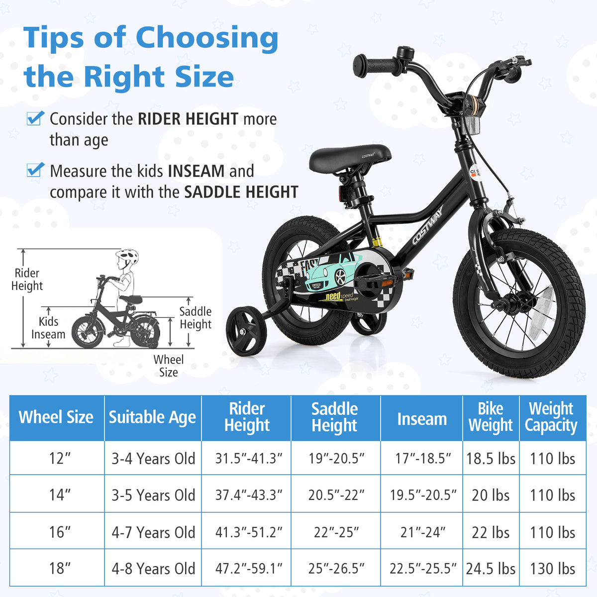 Kids Bike with Training Wheels, Adjustable Carbon Steel Frame-Kids Bike-DECOROLALA