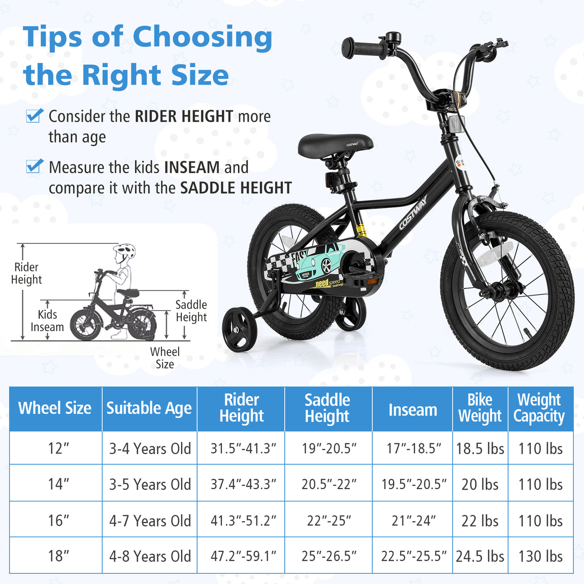 Kids Bike with Training Wheels, Adjustable Carbon Steel Frame-Kids Bike-DECOROLALA