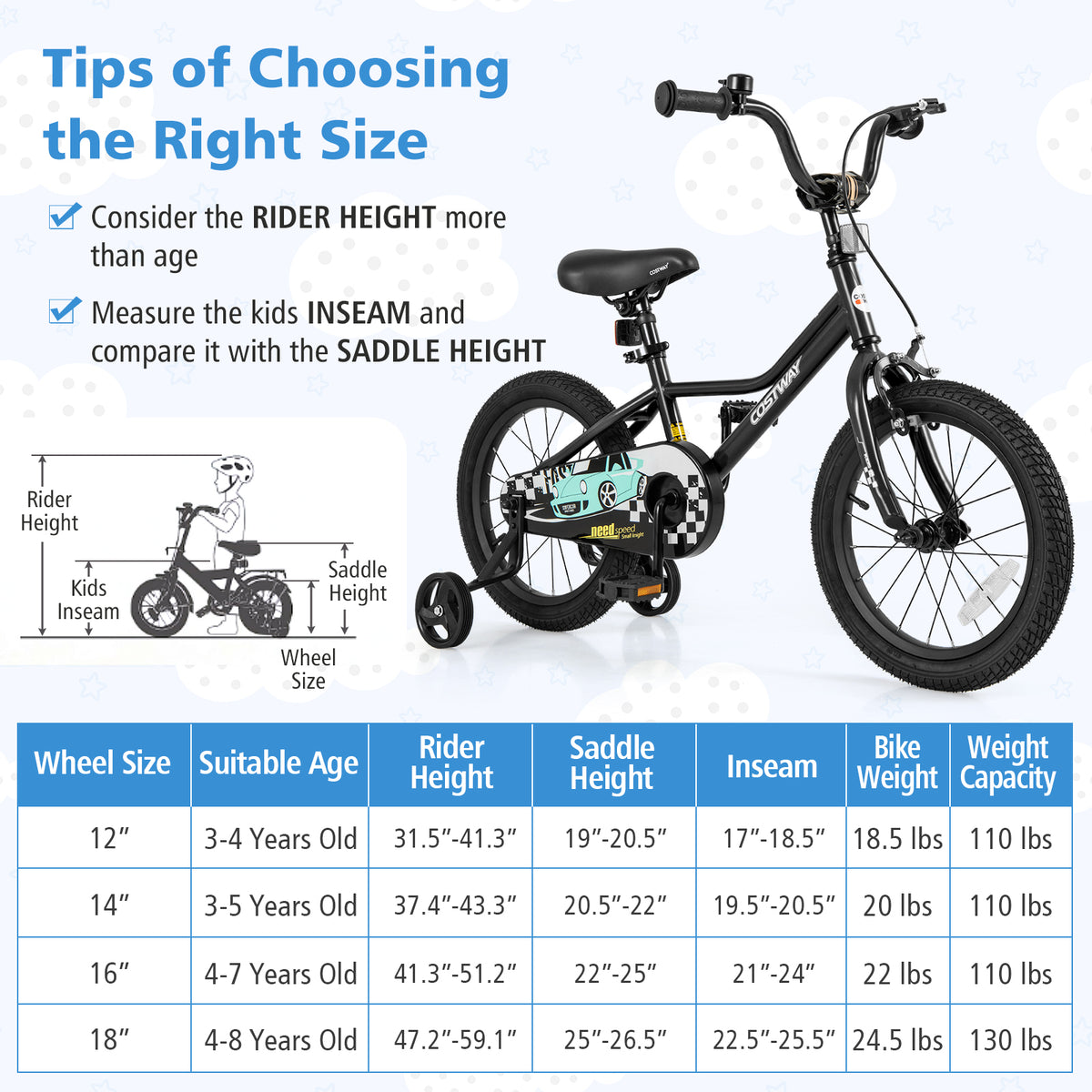 Kids Bike with Training Wheels, Adjustable Carbon Steel Frame-Kids Bike-DECOROLALA