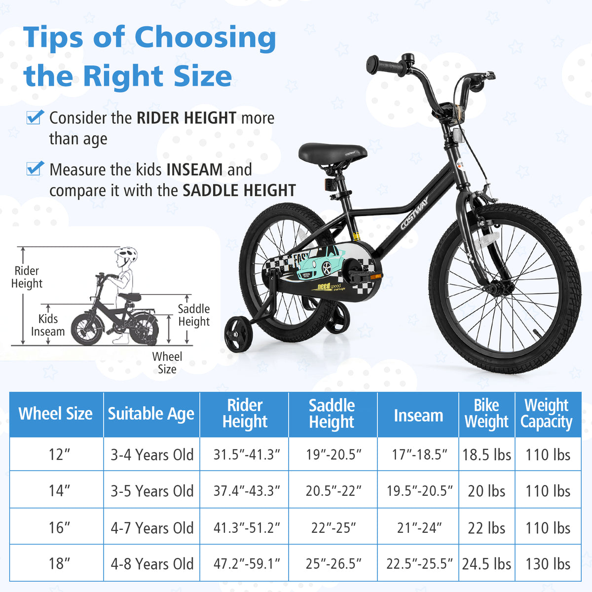 Kids Bike with Training Wheels, Adjustable Carbon Steel Frame-Kids Bike-DECOROLALA