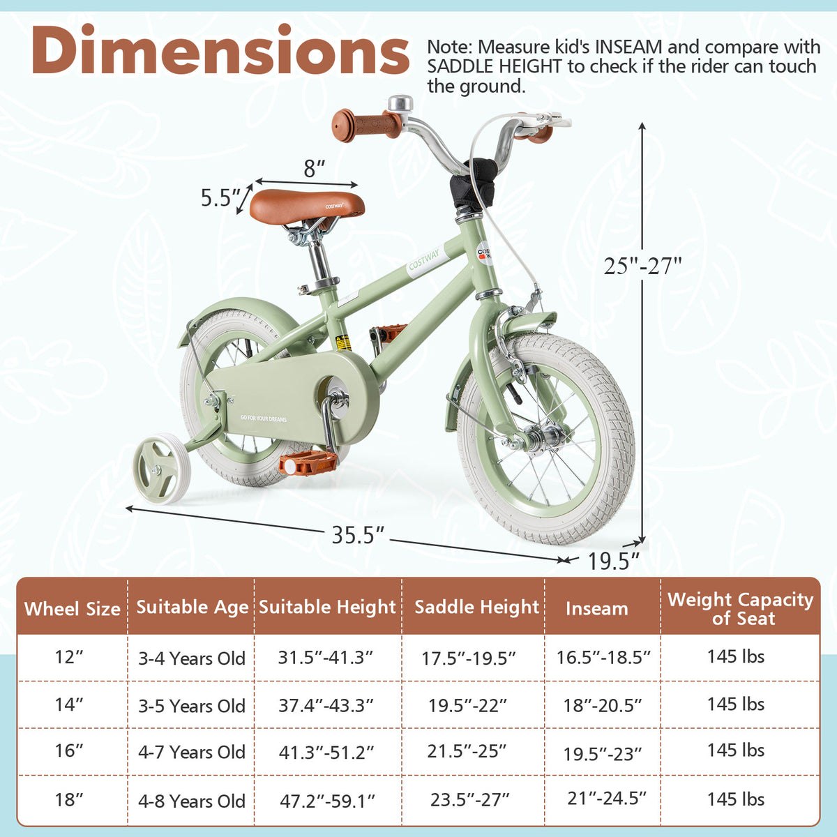 Kids Bike with Training Wheels, Adjustable Handlebar and Seat-Kids Bike-DECOROLALA