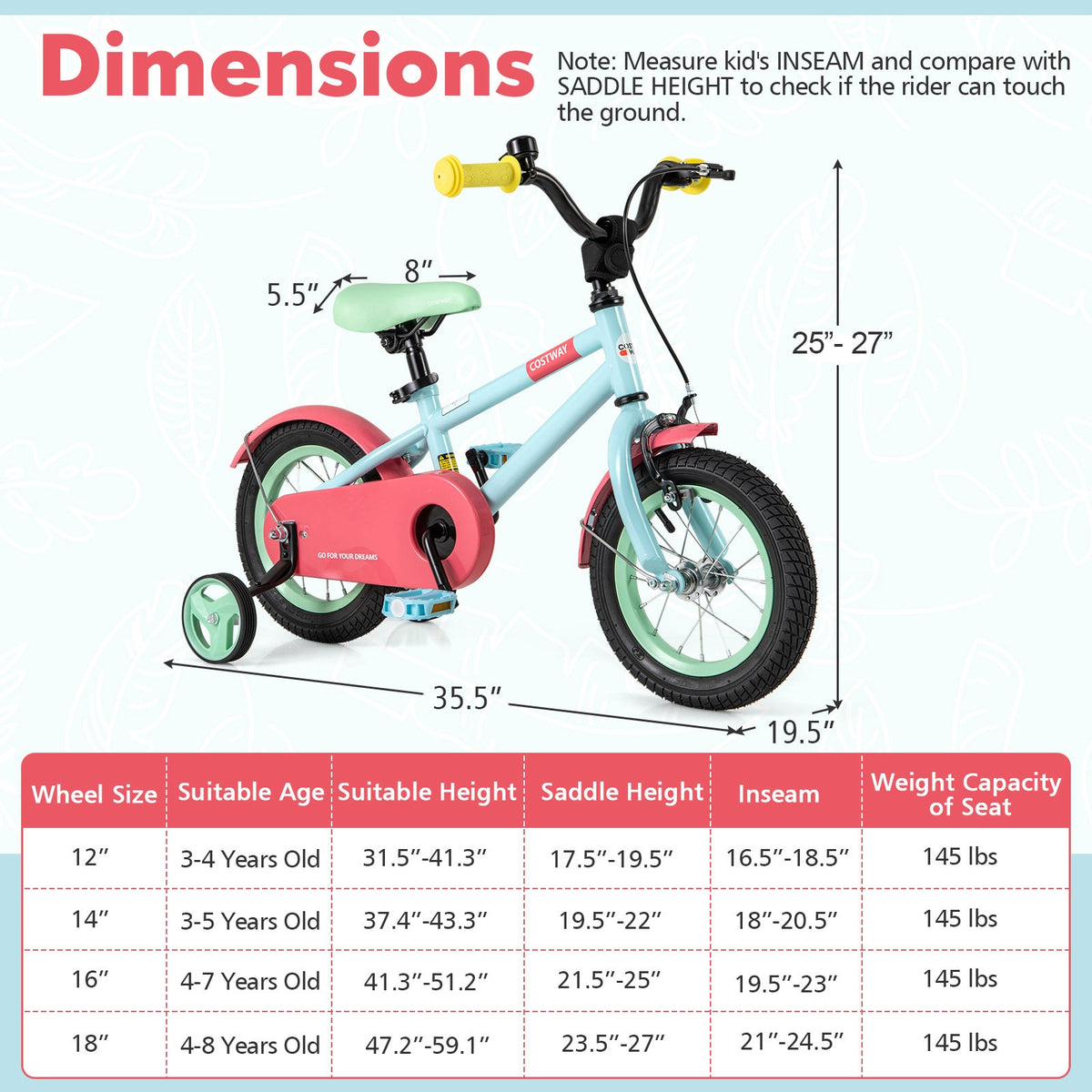 Kids Bike with Training Wheels, Adjustable Handlebar and Seat-Kids Bike-DECOROLALA