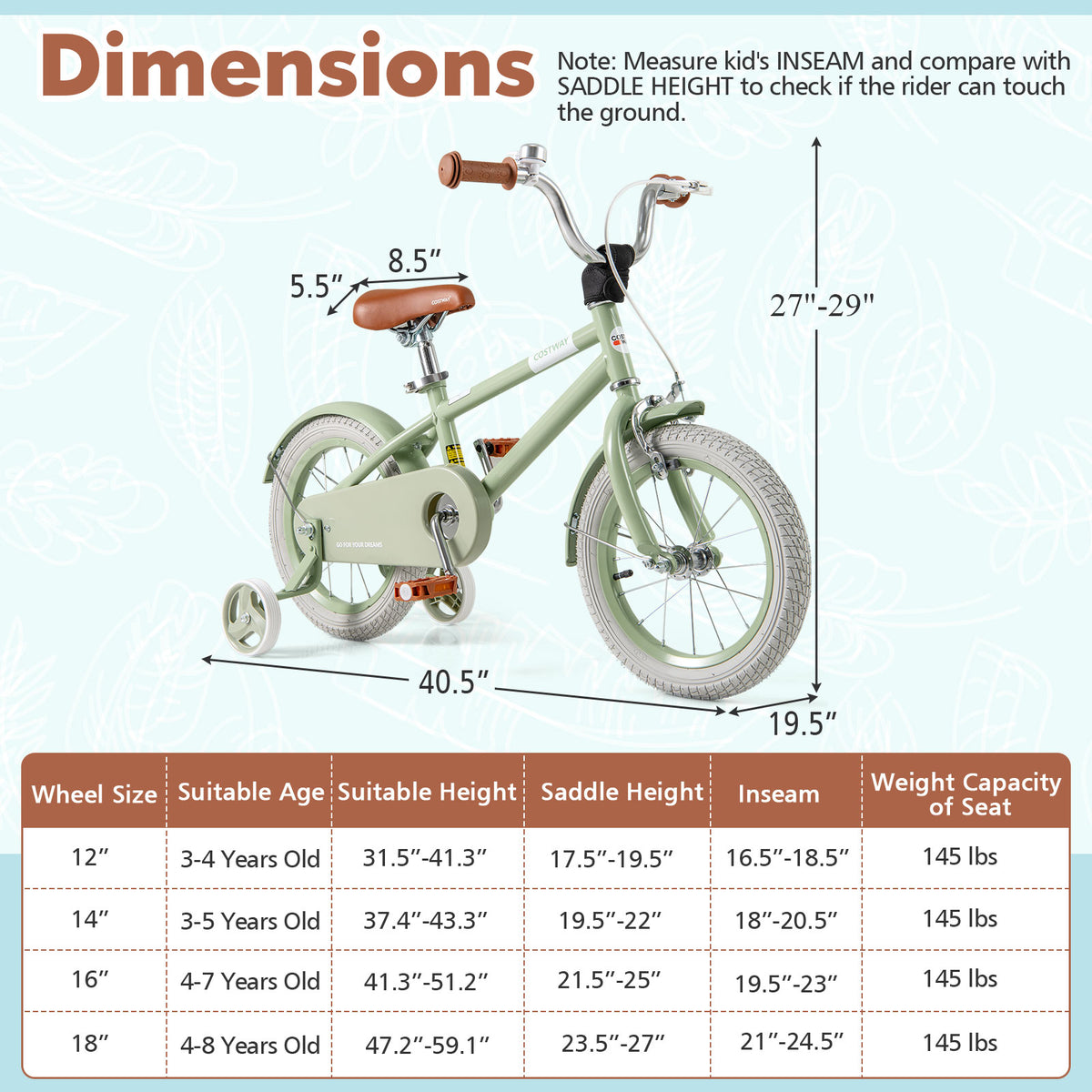 Kids Bike with Training Wheels, Adjustable Handlebar and Seat-Kids Bike-DECOROLALA