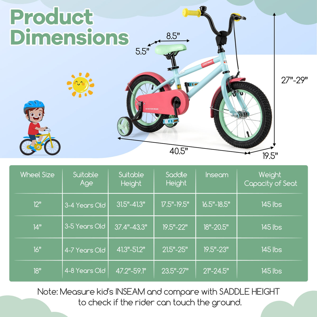 Kids Bike with Training Wheels, Adjustable Handlebar and Seat-Kids Bike-DECOROLALA
