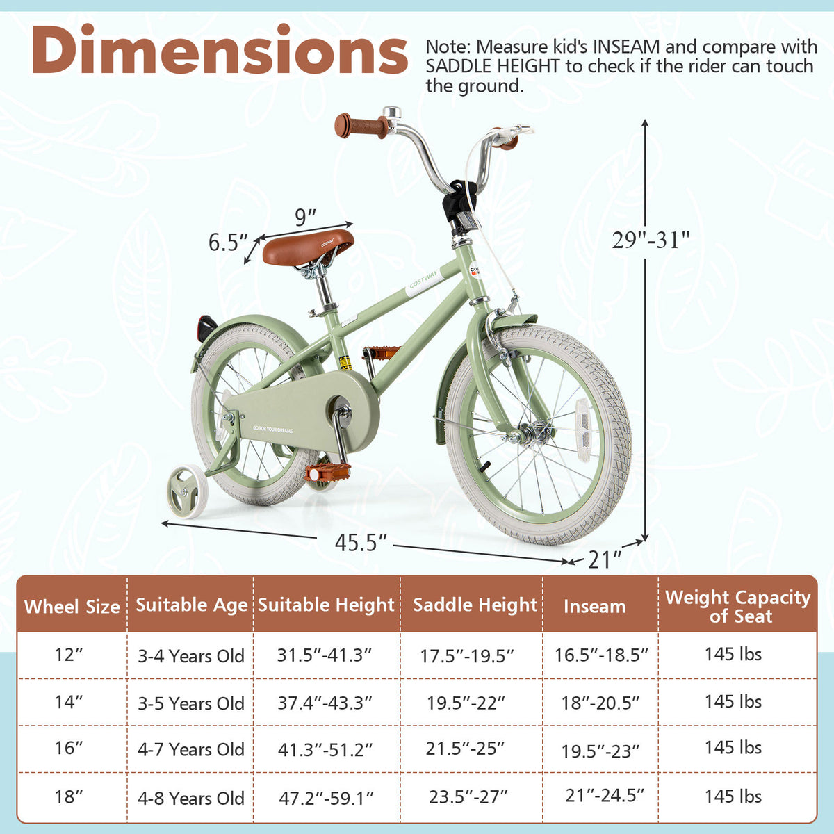 Kids Bike with Training Wheels, Adjustable Handlebar and Seat-Kids Bike-DECOROLALA