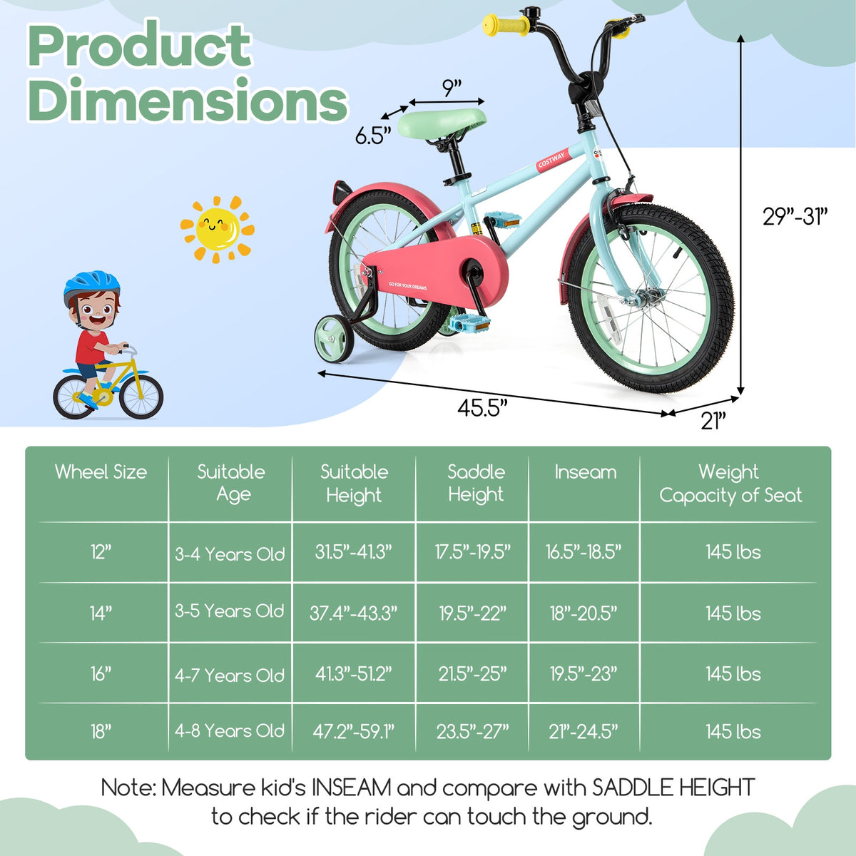 Kids Bike with Training Wheels, Adjustable Handlebar and Seat-Kids Bike-DECOROLALA