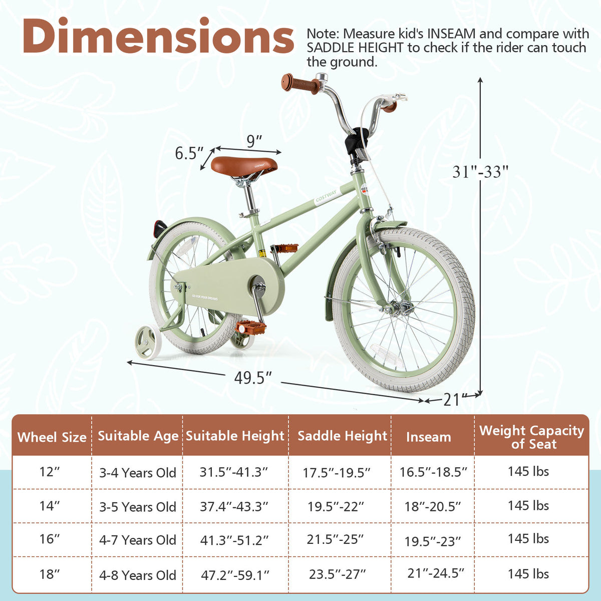 Kids Bike with Training Wheels, Adjustable Handlebar and Seat-Kids Bike-DECOROLALA