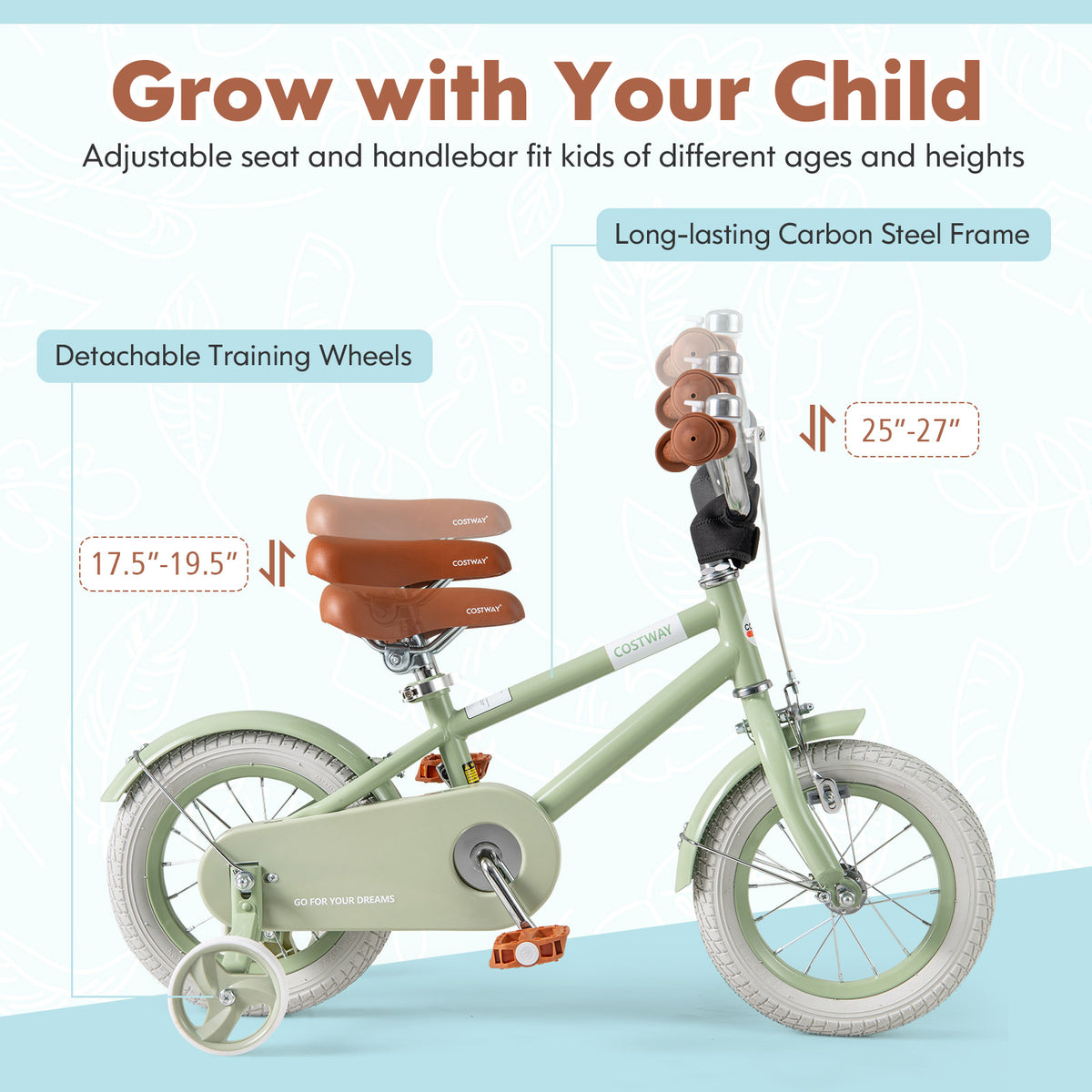 Kids Bike with Training Wheels, Adjustable Handlebar and Seat-Kids Bike-DECOROLALA