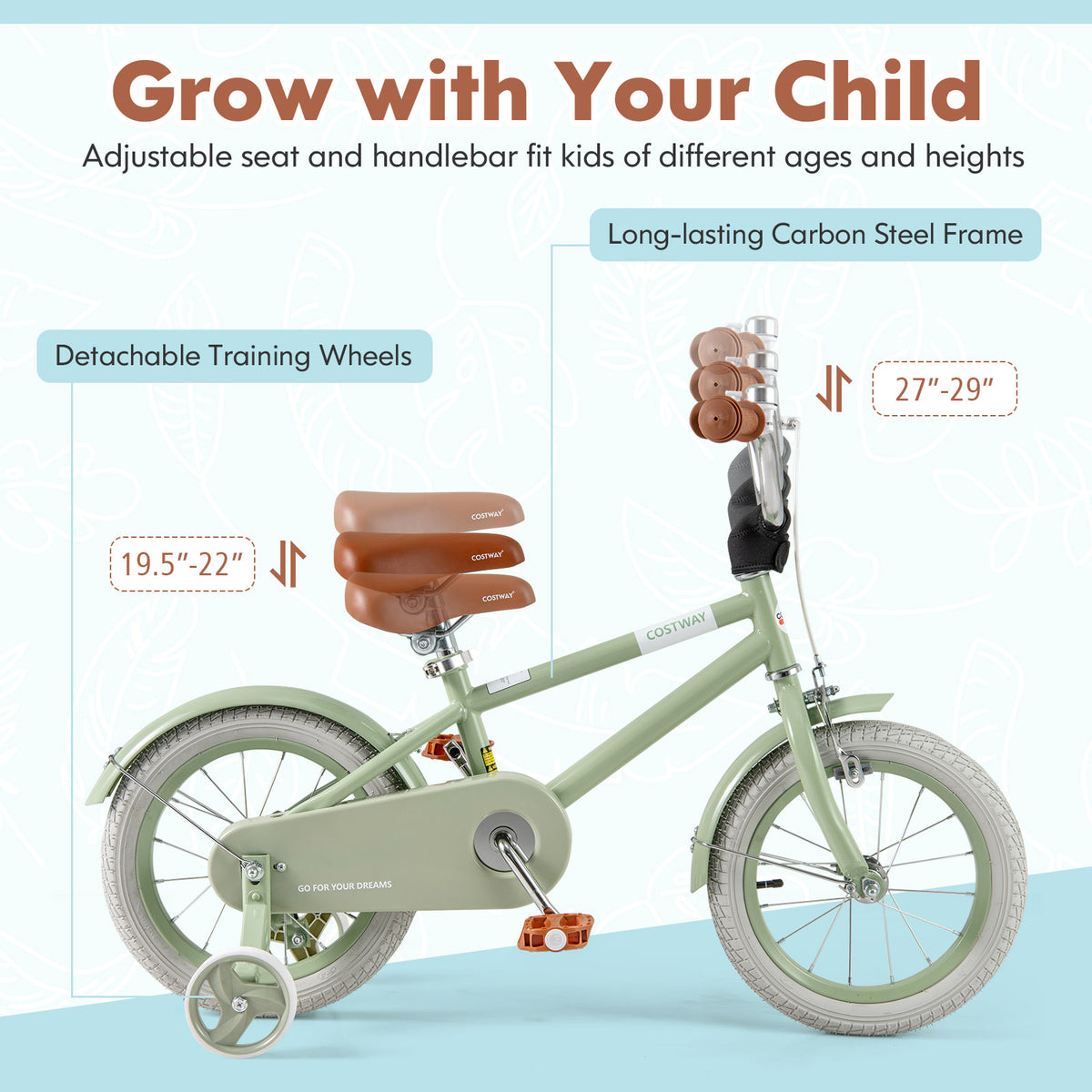 Kids Bike with Training Wheels, Adjustable Handlebar and Seat-Kids Bike-DECOROLALA