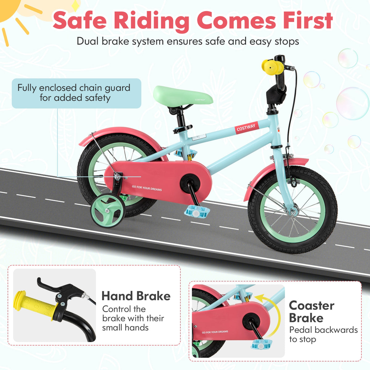Kids Bike with Training Wheels, Adjustable Handlebar and Seat-Kids Bike-DECOROLALA